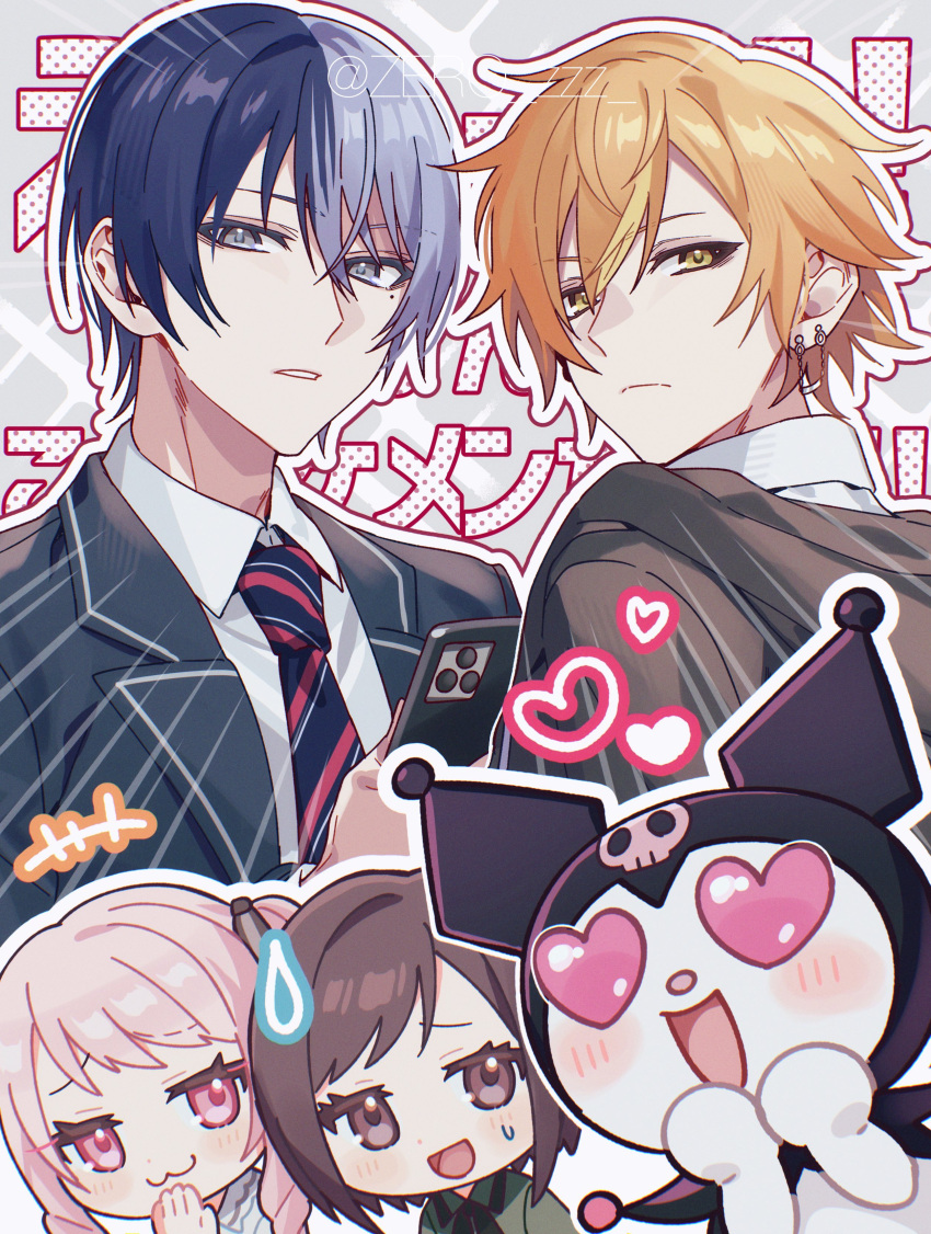 +++ 1girl 1other 2boys :3 :d absurdres akiyama_mizuki aoyagi_touya artist_name blazer blonde_hair blue_hair blue_jacket blue_necktie blush brown_eyes brown_hair cellphone closed_mouth collared_shirt commentary_request crossover diagonal-striped_necktie diagonal_stripes earrings emphasis_lines expressionless eyelashes frown go_(roku) grey_background grey_eyes grey_hair hair_between_eyes hands_up heart heart-shaped_eyes highres holding holding_phone jacket jewelry kamiyama_high_school_uniform_(project_sekai) kuromi lapels long_hair looking_at_viewer looking_back mole mole_under_eye multicolored_hair multiple_boys necktie onegai_my_melody open_clothes open_jacket open_mouth orange_hair outline parted_lips phone pink_hair ponytail project_sekai raised_eyebrows red_necktie sanrio school_uniform shinonome_akito shinonome_ena shirt short_hair side_ponytail sidelocks simple_background smartphone smile smug split-color_hair streaked_hair striped striped_necktie sweatdrop swept_bangs twitter_username two-tone_hair white_outline white_shirt wing_collar yellow_eyes