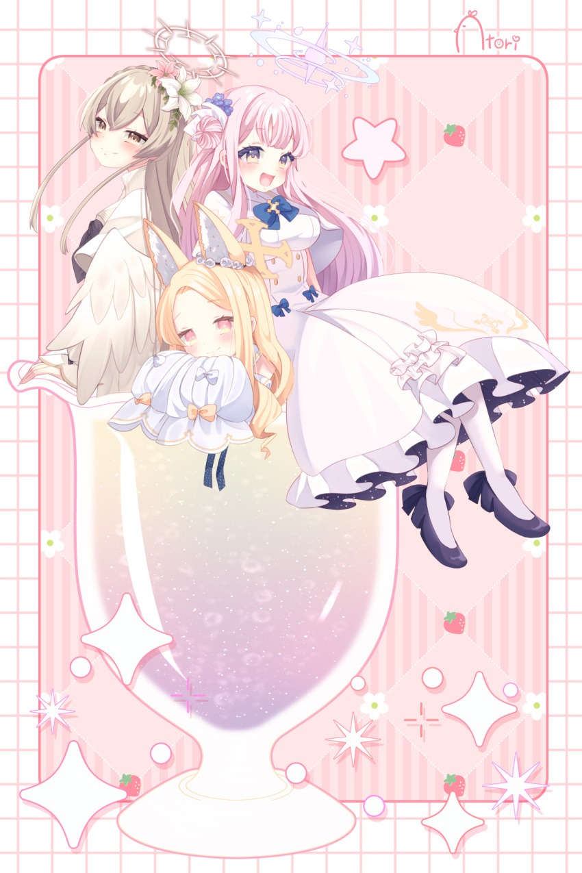 3girls angel_wings animal_ear_fluff animal_ears black_footwear blonde_hair blue_archive bow bright_pupils buttons capelet closed_mouth cup double-breasted dress feathered_wings flower food footwear_bow fox_ears frilled_dress frills fruit glass gradient_eyes hair_bun hair_flower hair_ornament hair_scrunchie halo high_heels highres in_container in_cup light_brown_hair looking_at_viewer mika_(blue_archive) mini_person minigirl multicolored_eyes multiple_girls nagisa_(blue_archive) open_mouth orange_eyes pantyhose pink_hair scrunchie seia_(blue_archive) single_side_bun sleeveless sleeveless_dress sleeves_past_fingers sleeves_past_wrists smile strawberry tea_party_(blue_archive) white_capelet white_dress white_pantyhose white_pupils white_wings wings yahagi_(yui1251) yellow_eyes