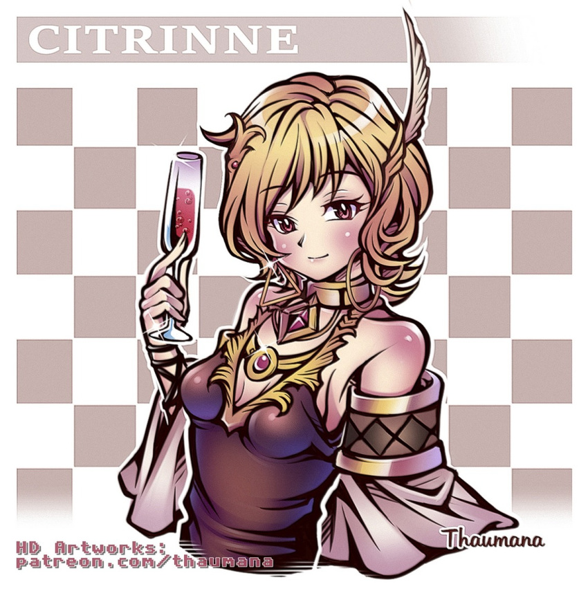 1girl blonde_hair brown_dress citrinne_(fire_emblem) cup dress drinking_glass earrings feather_hair_ornament feathers fire_emblem fire_emblem_engage gold_choker gold_trim hair_ornament holding holding_cup hoop_earrings jewelry leather_wrist_straps mismatched_earrings red_eyes thaumana wine_glass wing_hair_ornament