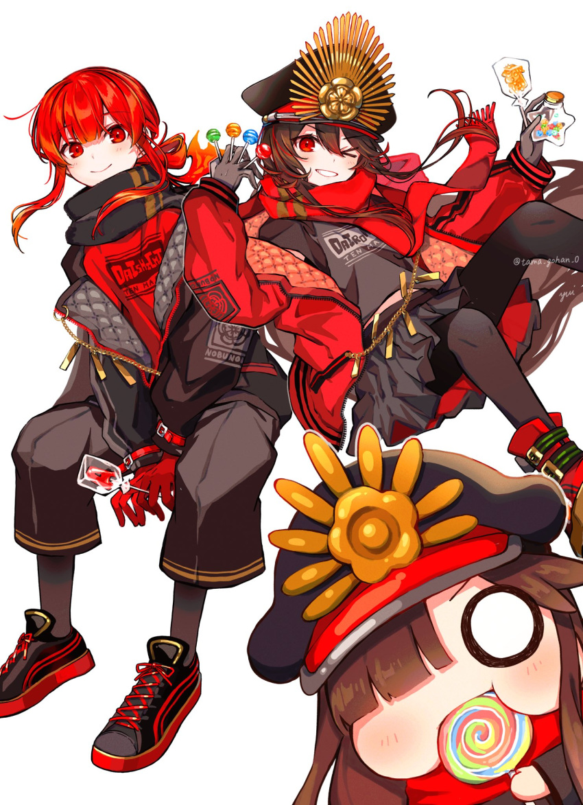 1boy 1girl black_footwear black_gloves black_hair black_pants black_scarf black_shirt black_skirt brother_and_sister candy family_crest fate/grand_order fate_(series) fiery_hair food full_body gloves hat highres holding holding_candy holding_food holding_lollipop jacket lollipop military_hat mini_nobu_(fate) oda_nobukatsu_(fate) oda_nobunaga_(fate) oda_nobunaga_(koha-ace) oda_uri open_clothes open_jacket otoko_no_ko pants red_eyes red_footwear red_gloves red_scarf red_shirt redhead scarf shirt shoes siblings simple_background sitting skirt smile swirl_lollipop teeth white_background yui_(tamagohan)