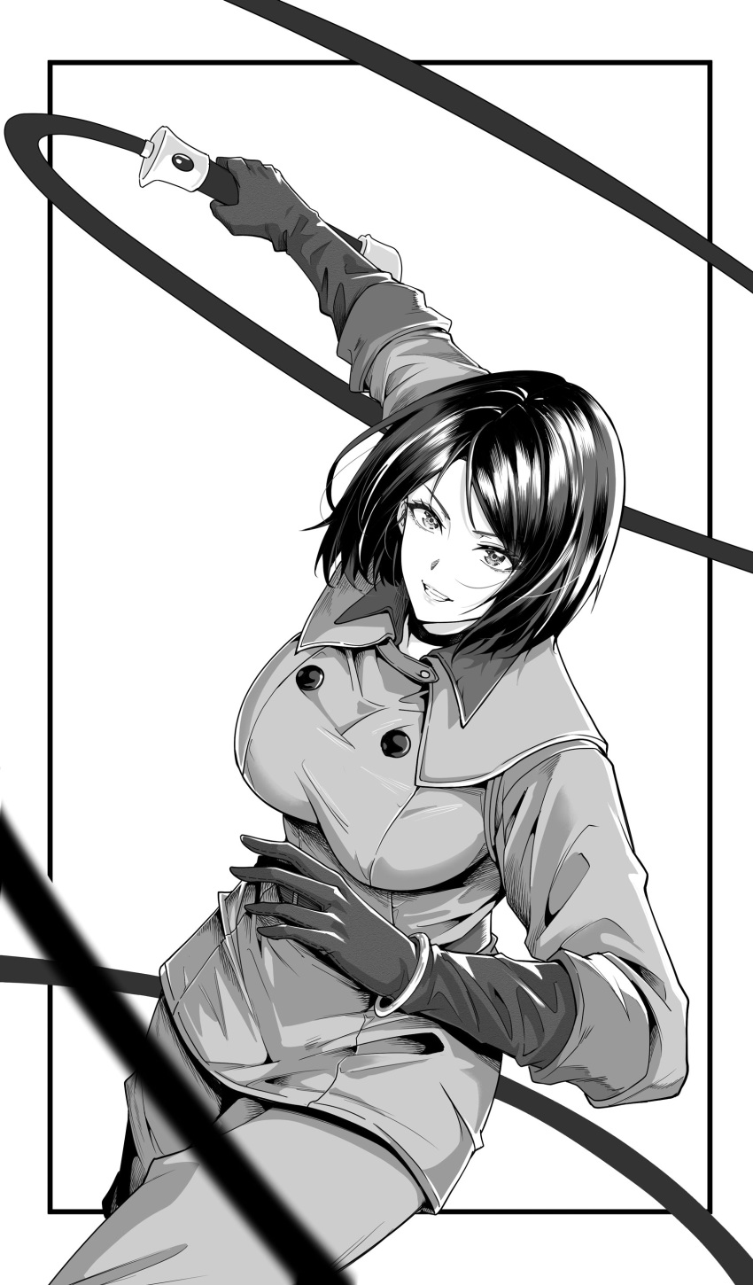 1girl absurdres black872233196 breasts choker elbow_gloves gloves greyscale highres holding holding_whip military military_uniform monochrome short_hair simple_background snk solo the_king_of_fighters uniform weapon whip whip_(kof) white_background