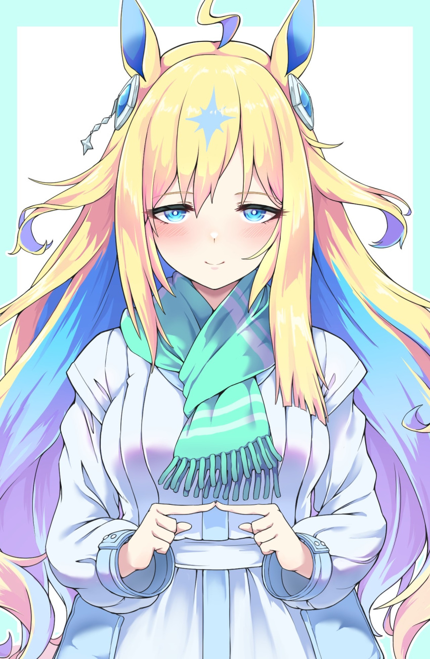 ahoge blonde_hair blue_eyes blush breasts casual closed_mouth commentary_request fidgeting hair_between_eyes hair_ornament hekahire_isurus highres horse_girl looking_at_viewer medium_breasts multicolored_hair neo_universe_(umamusume) portrait scarf simple_background smile two-tone_hair umamusume white_background