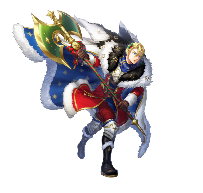 1boy attack bell black_footwear blonde_hair blue_cape blue_eyes brown_gloves cape dimitri_alexandre_blaiddyd dimitri_alexandre_blaiddyd_(blessed_protector) fire_emblem fire_emblem:_three_houses fire_emblem_heroes fur-trimmed_cape fur_trim gloves halberd male_focus mistletoe mistletoe_hair_ornament multicolored_cape multicolored_clothes official_alternate_costume official_art parted_bangs parted_lips polearm solo v-shaped_eyebrows weapon white_cape