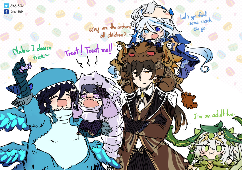 2boys 3girls absurdres ahoge animal_costume apep_(genshin_impact) aqua_hair azhdaha_(genshin_impact) black_hair black_necktie blue_eyes blunt_bangs braid brown_eyes carrying commentary crossed_arms crying crying_with_eyes_open dragon_costume dvalin_(genshin_impact) elbow_gloves english_commentary english_text furina_(genshin_impact) genshin_impact gloves gradient_hair green_eyes hair_between_eyes height_difference heterochromia highres kodona lolita_fashion long_hair long_sleeves looking_at_another low_ponytail low_twintails multicolored_hair multiple_boys multiple_girls nahida_(genshin_impact) necktie neuvillette_(genshin_impact) orobashi_(genshin_impact) piggyback pointy_ears pout raiden_shogun sesield side_ponytail sidelocks simple_background single_braid size_difference sketch streaked_hair tears twin_braids twintails two-tone_hair venti_(genshin_impact) violet_eyes wavy_hair wavy_mouth zhongli_(genshin_impact)