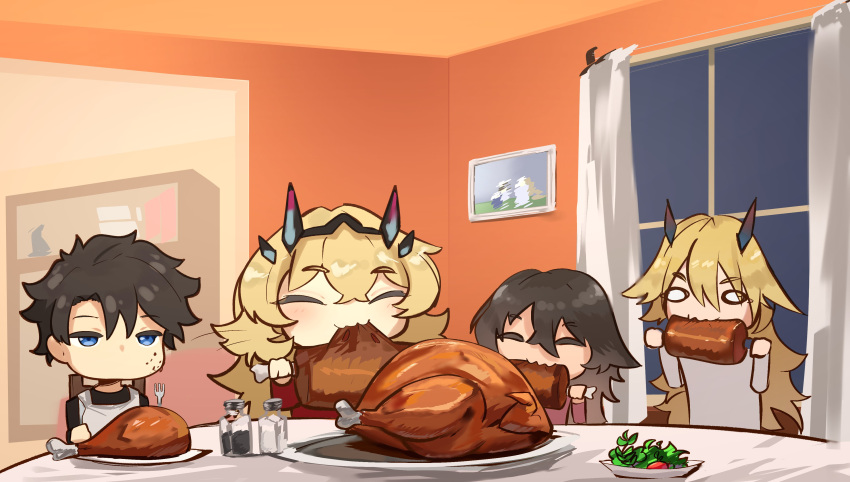 2boys 2girls absurdres barghest_(fate) barghest_(like_a_lady)_(fate) black_hair blonde_hair blue_eyes breasts chibi closed_eyes dinner drumsticks eating family fate/grand_order fate_(series) father_and_daughter father_and_son food fork fujimaru_ritsuka_(male) garnish highres holding holding_food holding_fork holding_knife if_they_mated knife large_breasts meat mother_and_daughter mother_and_son multiple_boys multiple_girls obazzotto pepper_shaker photo_(object) salt_shaker shelf table turkey_(food) window