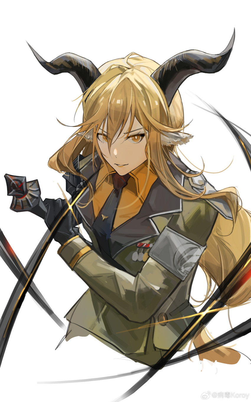 1girl absurdres ahoge animal_ear_fluff animal_ears arknights armband armor artist_name asymmetrical_hair asymmetrical_sidelocks black_gloves black_necktie blonde_hair breasts bright_pupils brown_horns chinese_commentary chinese_text collared_shirt commentary_request cropped_legs degenbrecher_(arknights) double-parted_bangs dress_shirt epaulettes gloves goat_ears goat_girl goat_horns green_jacket green_pants grey_armband grin hair_between_eyes hair_flowing_over hair_tie hand_up highres holding holding_sword holding_weapon horns insignia jacket koroy lapels lips long_bangs long_hair long_sleeves looking_at_viewer low-tied_long_hair medal medium_breasts military military_jacket military_uniform necktie notched_lapels orange_shirt pants parted_lips pauldrons print_armband sheathed_cut shirt shoulder_armor shoulder_pads sidelocks simple_background single_epaulette single_pauldron slashing smile solo standing straight_hair sword teeth uniform upper_body very_long_hair watermark weapon weibo_logo weibo_username white_background white_pupils wing_collar yellow_eyes
