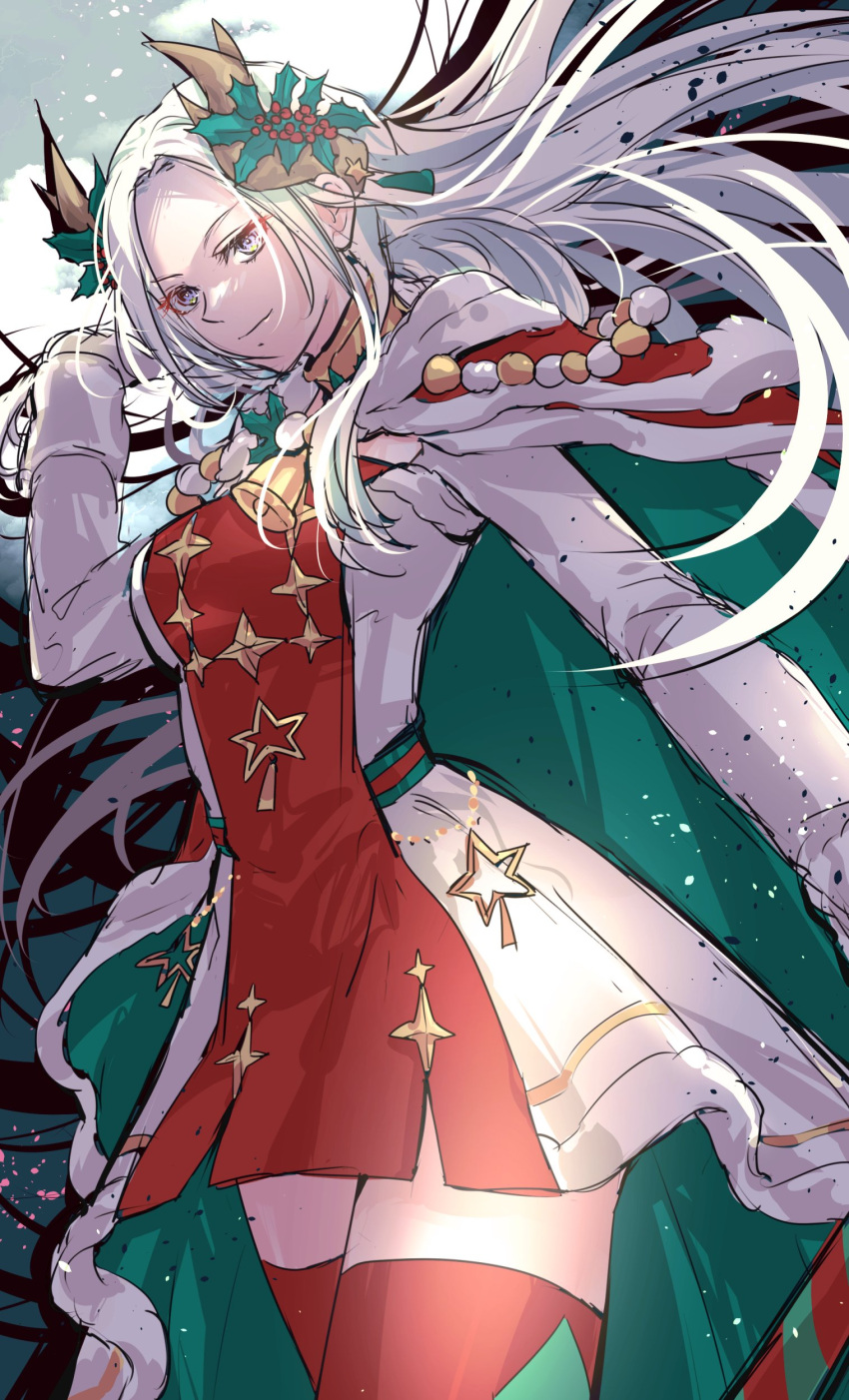 1girl absurdres aqua_cape cape christmas dress edelgard_von_hresvelg edelgard_von_hresvelg_(snowfall_future) fake_horns fire_emblem fire_emblem:_three_houses fire_emblem_heroes floating_hair forehead fur-trimmed_cape fur_trim grey_eyes hair_ornament highres horns long_hair mistletoe_hair_ornament mixed-language_commentary official_alternate_costume red_cape red_dress red_thighhighs smile solo thigh-highs two-tone_dress umi_(_oneinchswing) white_dress white_hair yellow_horns