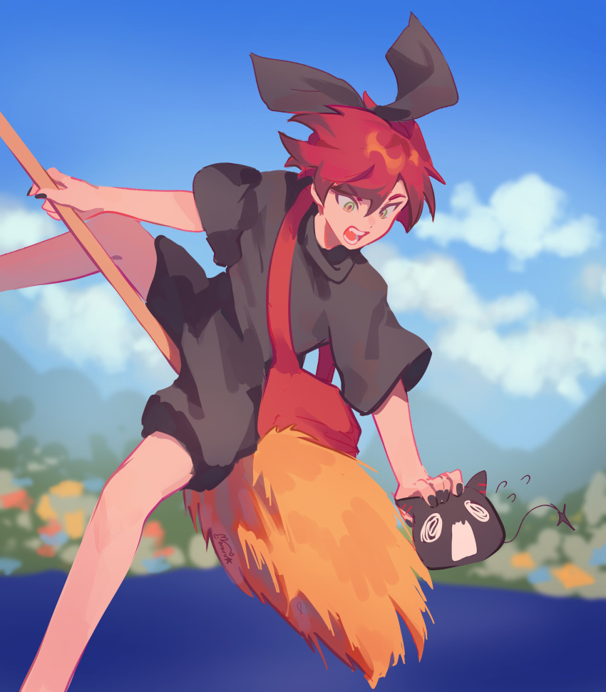 1boy absurdres bag black_nails black_ribbon blue_sky blurry blurry_background broom broom_riding clouds cosplay creature english_commentary feet_out_of_frame flying green_eyes hair_between_eyes hair_ribbon highres holostars holostars_english kiki_(majo_no_takkyuubin) kiki_(majo_no_takkyuubin)_(cosplay) looking_at_creature machina_x_flayon machiroon_(machina_x_flayon) majo_no_takkyuubin male_focus mararu midair open_mouth redhead ribbon short_hair shoulder_bag signature sky solo sweatdrop virtual_youtuber water
