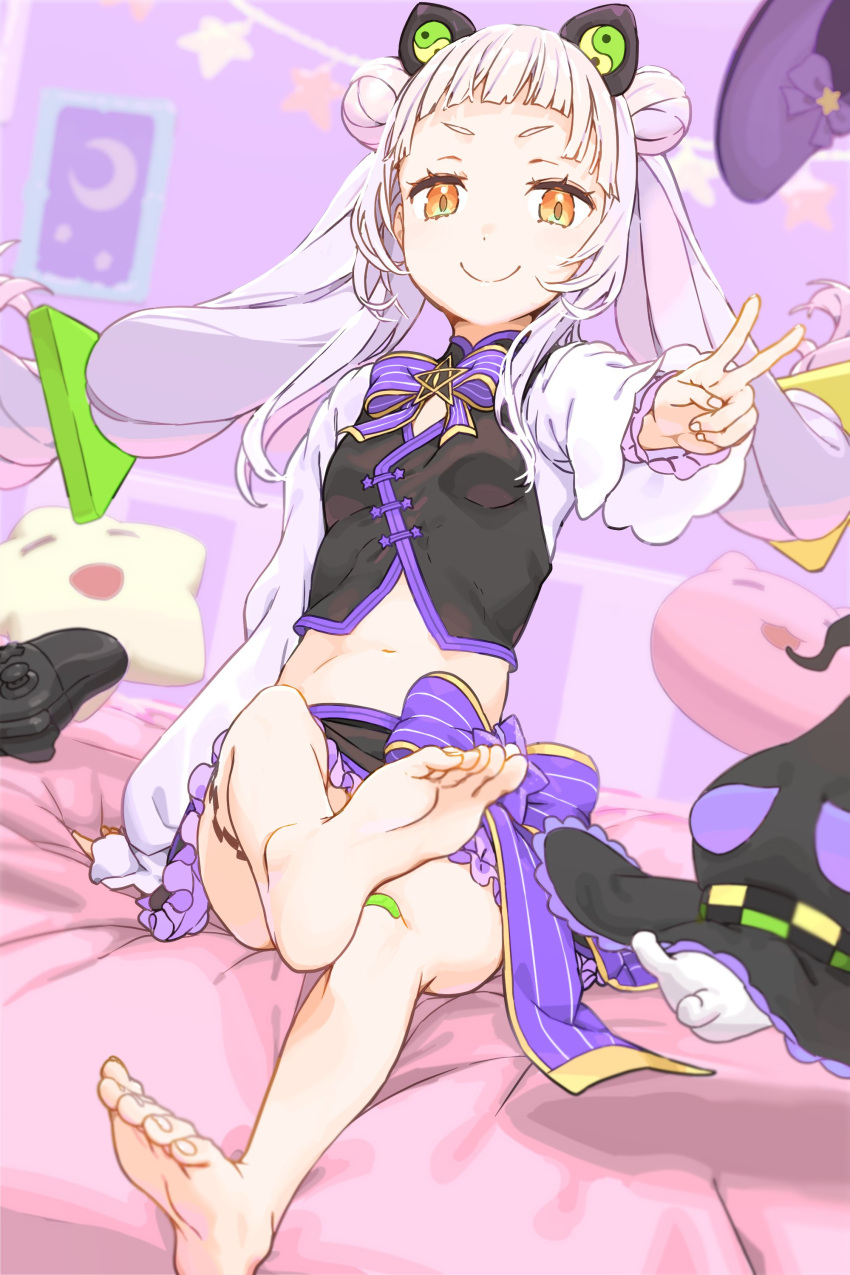 1girl absurdres arched_bangs bare_legs barefoot chinese_clothes double_bun feet full_body grey_hair haimura_kiyotaka hair_bun highres hololive legs long_hair long_sleeves looking_at_viewer murasaki_shion on_bed playstation_controller short_eyebrows sitting smile solo striped toenails toes v vertical_stripes yellow_eyes