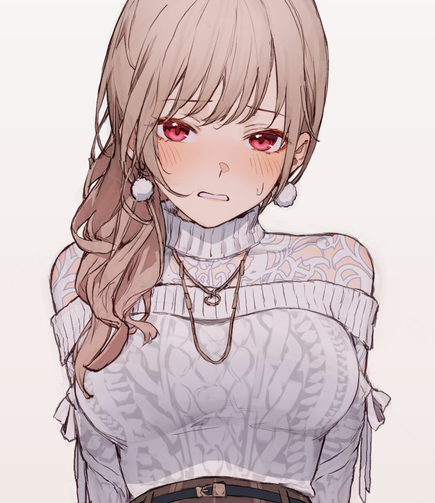 1girl belt blush breasts earrings highres jewelry light_brown_hair long_hair looking_at_viewer medium_breasts original parted_lips plaid ponytail red_eyes see-through see-through_shirt simple_background solo sooon sweatdrop sweater teeth upper_body wavy_hair white_background