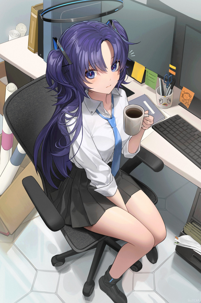 1girl absurdres arona's_sensei_doodle_(blue_archive) black_skirt blue_archive blue_necktie blush closed_mouth coffee collared_shirt cup highres holding holding_cup indoors keyboard_(computer) long_hair long_sleeves looking_at_viewer monitor necktie pen peroro_(blue_archive) pleated_skirt purple_hair scissors sei!cho sensei_(blue_archive) shirt sitting skirt solo swivel_chair two_side_up violet_eyes white_shirt yuuka_(blue_archive)