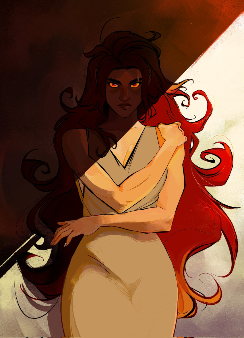 1girl against_wall breasts colored_sclera commentary dress greek_mythology grey_dress highres long_hair looking_at_viewer medium_breasts medusa_(mythology) orange_sclera red_eyes redhead scar scar_across_eye shade solo thereinart very_long_hair