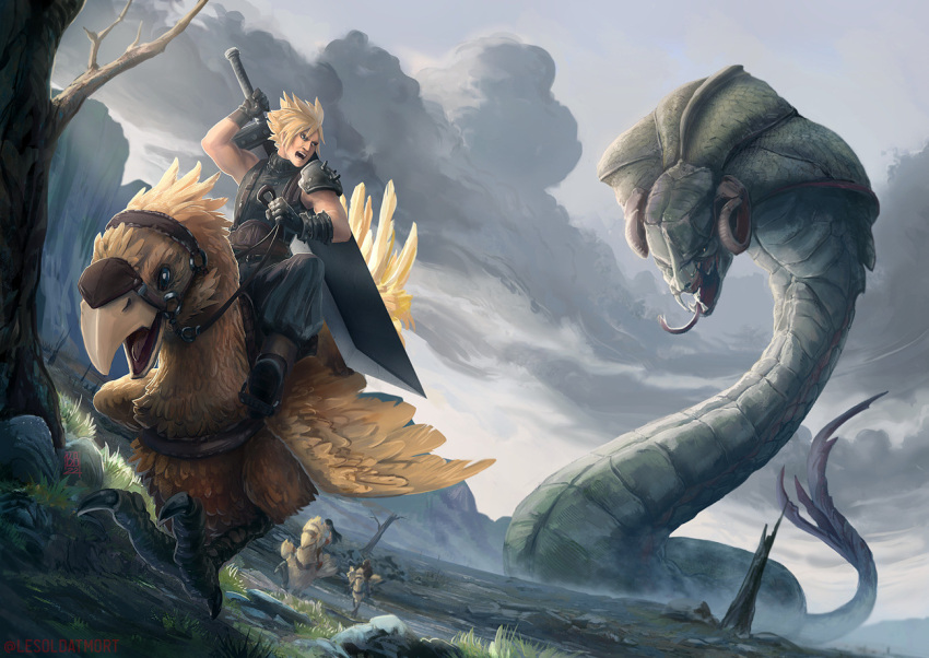 armor baggy_pants barret_wallace blonde_hair buster_sword chocolate cloud_strife clouds cloudy_sky commentary english_commentary final_fantasy final_fantasy_vii grey_sky holding holding_reins holding_sword holding_weapon huge_weapon lesoldatmort looking_back monster mountainous_horizon open_mouth outdoors pants reins riding_bird scenery short_hair shoulder_armor single_bare_shoulder size_difference sky spiky_hair sweater sword tifa_lockhart turtleneck turtleneck_sweater weapon