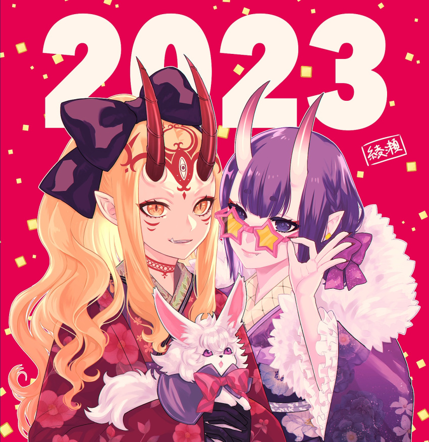 2023 2girls adjusting_eyewear black_bow black_gloves blonde_hair bow commentary_request creature earrings facial_mark fang fate/grand_order fate_(series) floral_print forehead_mark fou_(fate) frilled_sleeves frills fur_collar gloves hair_bow highres hizuki_aya horns ibaraki_douji_(fate) japanese_clothes jewelry kimono long_hair looking_at_viewer multiple_girls new_year oni oni_horns pointy_ears purple_hair purple_kimono red_kimono short_hair shuten_douji_(fate) skin-covered_horns smile star-shaped_eyewear stud_earrings sunglasses upper_body violet_eyes yellow_eyes