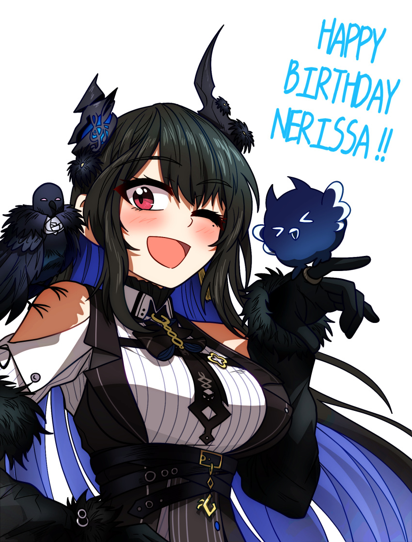 1girl ;d animal_on_shoulder asymmetrical_horns bare_shoulders belt bird bird_on_hand bird_on_shoulder black_bow black_bowtie black_gloves black_hair black_jacket blue_hair blush bow bowtie breast_strap breasts clothing_cutout colored_inner_hair commentary_request ddolbang dress_shirt feather-trimmed_jacket feather-trimmed_sleeves framed_breasts gloves hand_on_own_hip happy_birthday highres hololive hololive_english horn_flower horns jacket jailbird_(nerissa_ravencroft) korean_commentary large_breasts long_hair long_sleeves mole mole_under_eye multicolored_hair nerissa_ravencroft off_shoulder one_eye_closed open_mouth red_eyes ribbed_shirt shadow_(nerissa_ravencroft) shirt shoulder_cutout sidelocks simple_background smile straight_hair underbust uneven_horns upper_body very_long_hair virtual_youtuber waistcoat white_background white_shirt