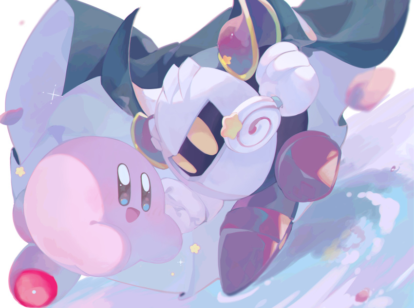 1boy 1other blue_cape blue_eyes blue_skin candy cape chromatic_aberration colored_skin commentary_request food gloves hand_on_another's_face highres holding holding_candy holding_food holding_lollipop invincible_candy kananishi kirby kirby_(series) light_blush lollipop looking_at_another meta_knight no_humans open_mouth petals pink_skirt purple_footwear red_footwear ripples sabaton shoes shoulder_pads skirt smile solid_oval_eyes sparkle star_(symbol) two-sided_cape two-sided_fabric white_background white_cape white_gloves white_mask yellow_eyes