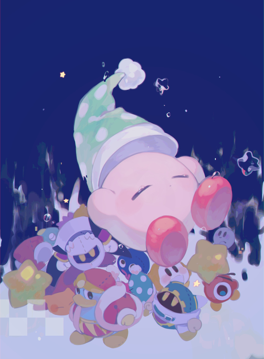 2others 3boys absurdres blue_background closed_eyes colored_skin commentary_request copy_ability crying falling gooey_(kirby) green_headwear hat hat_loss highres kananishi kine_(kirby) king_dedede kirby kirby_(series) light_blush magolor meta_knight night night_sky nightcap no_humans parted_lips pink_skin polka_dot_headwear pom_pom_(clothes) red_footwear scarfy shadow_kirby shoes sky sleep_kirby sleeping solo star_(symbol) stuffed_star stuffed_toy teardrop two-sided_fabric two-sided_headwear two-tone_background waddle_dee waddle_doo white_background white_headwear