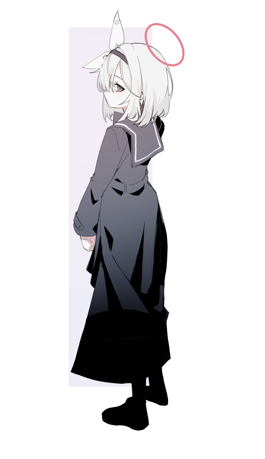 1girl alternate_hair_length alternate_hairstyle black_coat black_eyes black_footwear black_hairband blue_archive blush boots closed_mouth coat full_body grey_hair hairband halo highres long_sleeves looking_at_viewer plana_(blue_archive) profile red_halo retri short_hair solo