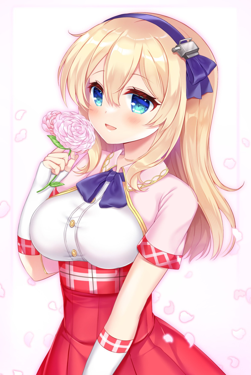 1girl azur_lane blonde_hair blue_eyes blush bow breasts buttons cropped_jacket fingerless_gloves flower gloves hair_between_eyes hairband high-waist_skirt highres holding holding_flower jacket leander_(azur_lane) leander_(retrofit)_(azur_lane) long_hair looking_at_viewer medium_breasts open_mouth petals pink_flower pink_jacket pleated_skirt purple_bow purple_hairband red_skirt shikito shirt short_sleeves sidelocks skirt smile solo upper_body white_gloves white_shirt