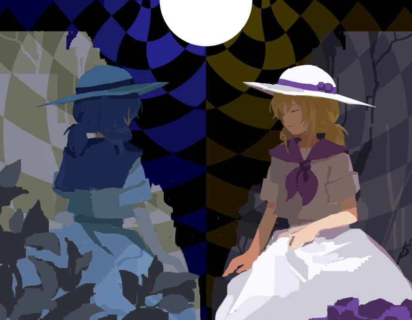 1girl blonde_hair closed_eyes closed_mouth commentary_request flat_chest hat hat_ribbon kaigen_1025 louise_(touhou) multiple_views necktie purple_necktie purple_sailor_collar ribbon sailor_collar sailor_shirt shirt sitting skirt smile touhou touhou_(pc-98) twintails white_headwear white_shirt white_skirt