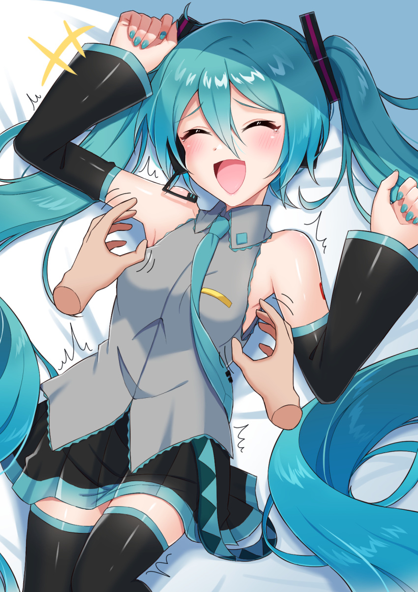 1girl aqua_nails aqua_necktie black_skirt black_sleeves black_thighhighs blush closed_eyes detached_sleeves grey_shirt hands_up hatsune_miku headphones highres laughing long_hair lying microphone motion_lines necktie on_back open_mouth pleated_skirt pov pov_hands shirt skirt sleeveless supo01 thigh-highs tickling very_long_hair vocaloid