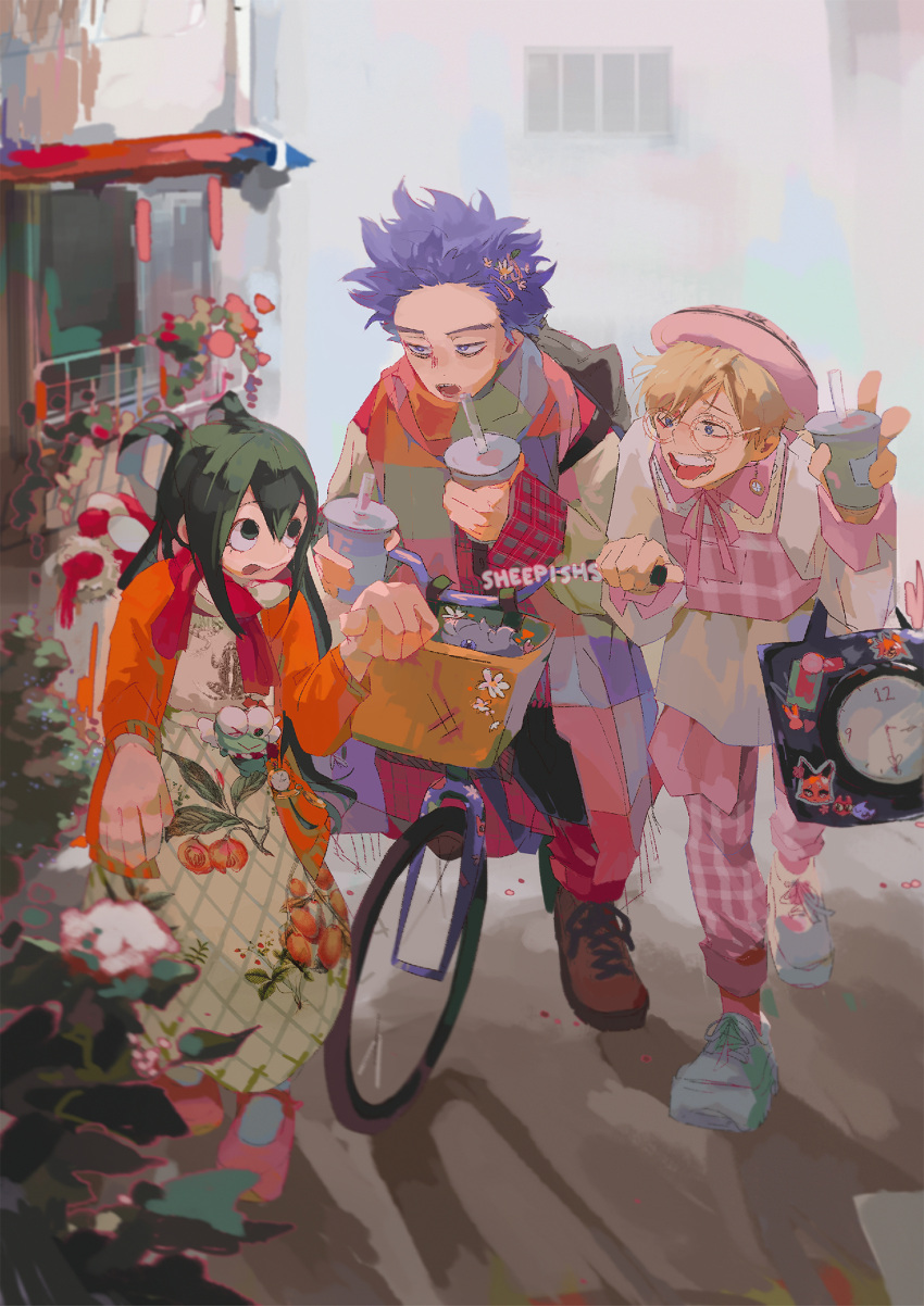 1girl 2boys alternate_costume artist_name asui_tsuyu bag bicycle blonde_hair boku_no_hero_academia closed_mouth crossover cup dress espurr floral_print glasses green_eyes green_hair highres holding holding_cup long_hair long_sleeves looking_at_another monoma_neito multiple_boys open_mouth pokemon pokemon_(creature) purple_hair sheepishs shinsou_hitoshi short_hair smile standing violet_eyes