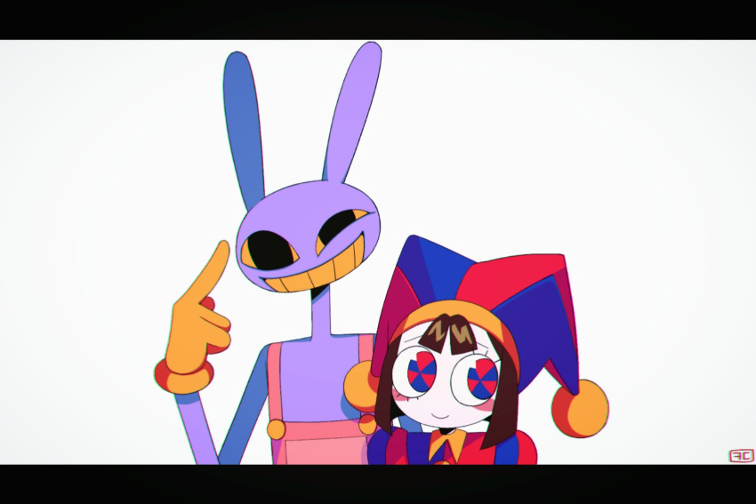 1boy 1girl animal_ears black_eyes blue_eyes brown_hair clenched_teeth colored_sclera fau_chon gloves hat height_difference heterochromia highres jax_(the_amazing_digital_circus) jester jester_cap naked_overalls overalls pale_skin pomni_(the_amazing_digital_circus) rabbit rabbit_ears red_eyes short_hair simple_background smile teeth the_amazing_digital_circus upper_body yellow_sclera