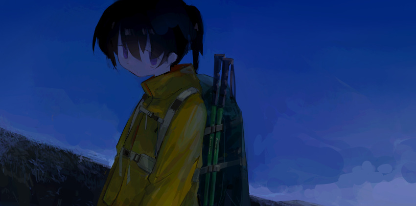 1girl :/ absurdres backpack bag black_hair blue_background chest_strap commentary empty_eyes from_side hairo_(r228n) high_collar highres hiking_pole jacket kuraue_hinata long_hair long_sleeves looking_at_viewer looking_to_the_side parka ponytail solo tareme upper_body violet_eyes yama_no_susume yellow_jacket