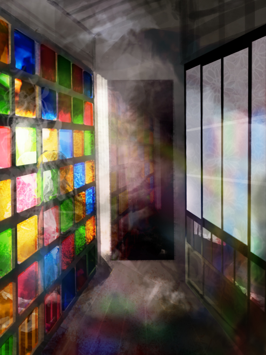 1girl architecture character_request commentary_request dress east_asian_architecture floor floral_print folding_screen frilled_dress frills ghost highres indoors kaigen_1025 long_hair multiple_views stained_glass touhou wall window wooden_floor