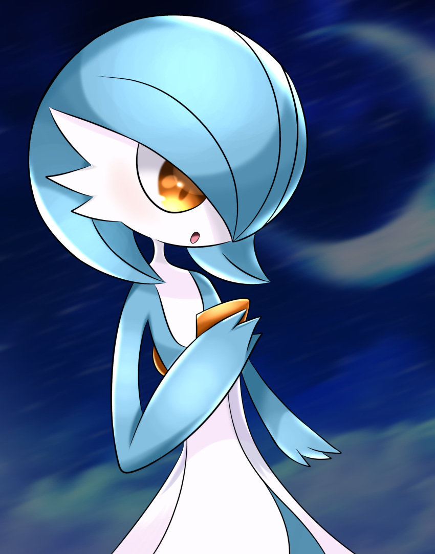 1girl a_(pixiv_72325308) absurdres alternate_color arm_at_side blue_background blue_hair blue_skin blue_sky blurry blurry_background blush bob_cut clouds colored_skin commentary_request crescent_moon flat_chest gardevoir hair_over_one_eye hand_up highres light_blush moon multicolored_skin night one_eye_covered open_mouth orange_eyes outdoors partial_commentary pokemon pokemon_(creature) shiny_pokemon short_hair sky solo standing two-tone_skin upper_body white_skin