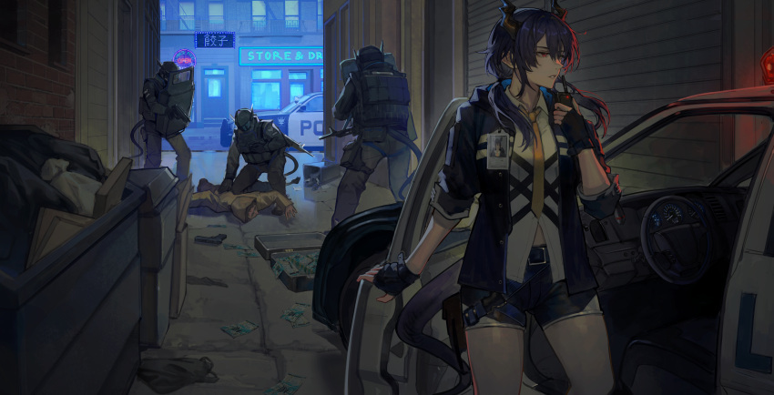 1boy 1girl 3others absurdres alley ambiguous_gender anbiya_h arknights armor assault_rifle backlighting bag belt belt_buckle black_belt black_gloves black_jacket black_pants black_pouch black_straps bloom blue_hood blue_jacket blue_shorts blue_tail body_armor breasts brick_wall briefcase brown_hair brown_horns buckle building buttons car ch'en_(arknights) chinese_text city collared_shirt commentary_request covered_face cowboy_shot criss-cross_straps dashboard day door double-parted_bangs dragon_girl dragon_horns dragon_tail dress_shirt drop_shadow dumpster english_commentary english_text expressionless eyelashes faceless faceless_male facing_ahead facing_another facing_away facing_down facing_to_the_side facing_viewer finger_on_trigger fingerless_gloves floating_hair from_behind from_side full_body gloves gun gun_on_back hair_between_eyes hair_tie half-closed_eyes hand_on_another's_back hand_on_car hand_rest hand_up handgun held_down helmet highres holding holding_gun holding_shield holding_walkie-talkie holding_weapon hood hood_down hood_up hooded_jacket horns id_card jacket knee_pads leaning leaning_forward leaning_on_person lips long_sleeves looking_afar looking_to_the_side low_twintails lungmen_dollar lungmen_guard_department_logo lying medium_breasts midriff_peek motor_vehicle multiple_others necktie on_one_knee on_stomach open_clothes open_jacket outdoors pants parted_lips pavement plate_carrier pocket pointing_gun police police_car police_uniform pouch red_eyes reflection reflective_ground restaurant restrained rifle riot_shield road shade shadow shield shirt short_hair short_shorts shorts sidelocks snap-fit_buckle solo_focus standing strap street surrendering tactical_clothes tail thigh_pouch thigh_strap thighs tire translation_request trash trash_bag twintails uniform urban visor_(armor) walkie-talkie weapon weapon_on_back weapon_request wet wet_pavement white_shirt wide_shot window window_blinds windshield wing_collar winged_helmet yellow_hood yellow_jacket yellow_necktie