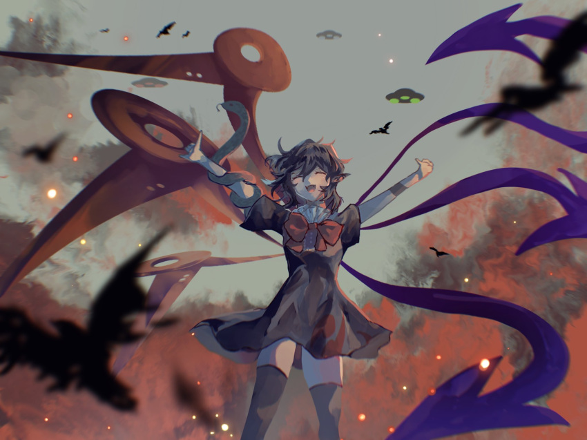 1girl arms_up asymmetrical_wings black_dress black_hair black_thighhighs bow bowtie buttons center_frills closed_eyes commentary_request dress embers fangs feet_out_of_frame fire frilled_dress frills grey_sky hair_between_eyes highres houjuu_nue long_bangs medium_hair open_mouth pointy_ears red_bow red_bowtie red_wings remyaruku65 short_sleeves sky smile snake solo standing thigh-highs tomoe_(symbol) touhou ufo wind wings wristband