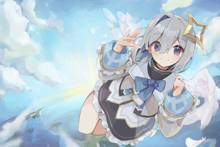 1girl absurdres amane_kanata amane_kanata_(1st_costume) angel_wings asymmetrical_bangs black_skirt blue_bow blue_bowtie blue_hair blue_sky blush bob_cut bow bowtie closed_mouth colored_inner_hair cropped_jacket feathered_wings flying grey_hair grey_jacket hair_over_one_eye halo highres hololive jacket long_sleeves looking_at_viewer multicolored_hair sailor_collar shirt short_hair single_hair_intake skirt sky sleeve_cuffs smile solo star_halo turtleneck violet_eyes virtual_youtuber waving white_shirt white_wings wings xivi9