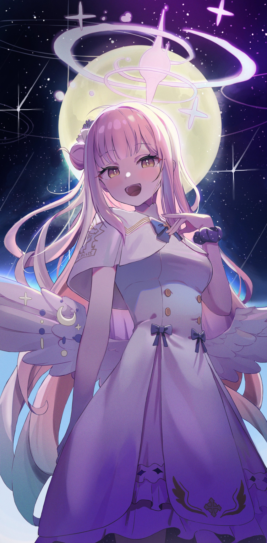 1girl absurdres angel_wings blue_archive blush capelet cowboy_shot crescent crescent_pin dress feathered_wings flower hair_bun hair_flower hair_ornament halo highres loloco long_hair looking_at_viewer mika_(blue_archive) open_mouth pink_hair pink_halo purple_flower single_side_bun smile solo white_capelet white_dress white_wings wings yellow_eyes