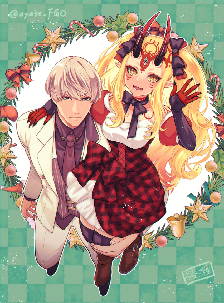 1boy 1girl bell black_eyes black_ribbon black_thighhighs blonde_hair boots candy candy_cane carrying carrying_person christmas_ornaments christmas_wreath collared_shirt commentary_request dress expressionless eyelashes facial_mark fang fate/grand_order fate_(series) fingernails food forehead_mark formal from_above full_body grey_hair highres hizuki_aya horns ibaraki_douji_(fate) jacket long_hair looking_at_viewer neck_ribbon necktie oni oni_horns open_mouth pants purple_shirt ribbon sharp_fingernails shirt smile suit thigh-highs watanabe_no_tsuna_(fate) white_jacket white_pants wreath yellow_eyes