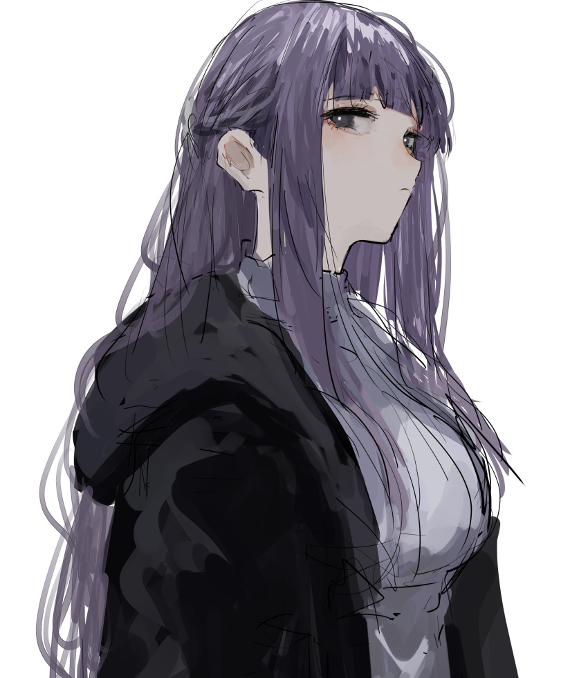 1girl black_coat black_robe blunt_bangs breasts coat cut_bangs dress expressionless eyelashes fern_(sousou_no_frieren) hair_behind_ear hair_over_breasts highres large_breasts long_hair looking_at_viewer looking_to_the_side open_clothes open_coat pikuson purple_hair robe sidelocks solo sousou_no_frieren straight_hair violet_eyes white_dress
