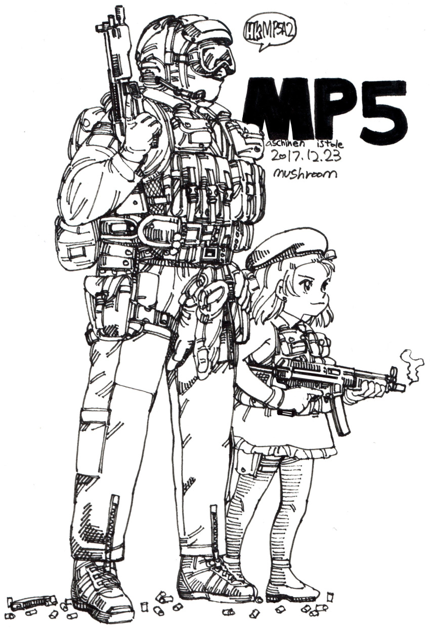 1boy 1girl absurdres ammunition_pouch anklet artist_name backpack bag balaclava beret carabiner commentary covered_face dated dress girls_frontline gloves goggles greyscale gun h&amp;k_mp5 hand_up hat headset helmet highres holding holding_gun holding_weapon holster jewelry load_bearing_vest long_hair long_sleeves looking_ahead monochrome mp5_(girls'_frontline) mushroom_(osh320) original pants pantyhose pouch shell_casing shoes short_dress short_hair side-by-side sleeveless sleeveless_dress smile smoke smoking_gun speech_bubble standing submachine_gun tactical_clothes trigger_discipline unworn_gloves v-shaped_eyebrows weapon weapon_name