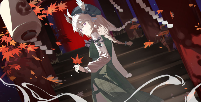 1girl absurdres autumn_leaves black_headwear blonde_hair braid chinese_commentary commentary_request cowboy_shot dress enna_alouette enna_alouette_(3rd_costume) feather_hair green_dress grin highres holding holding_leaf lai_dou_laile_555 lantern leaf looking_at_viewer looking_back nijisanji nijisanji_en outdoors pinafore_dress plaid plaid_dress shirt sleeveless sleeveless_dress smile solo stairs torii twin_braids violet_eyes virtual_youtuber white_shirt