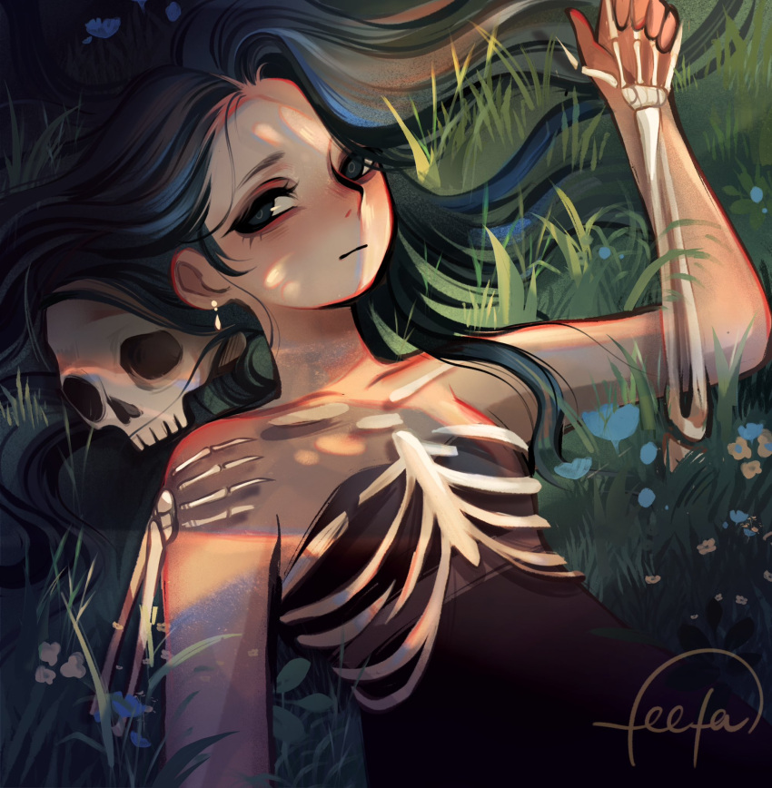 1girl black_eyes black_hair bone brown_dress commentary dress earrings english_commentary feefal flower grass highres jewelry looking_at_viewer lying messy_hair on_back original ribs signature skeletal_arm skeleton skull solo