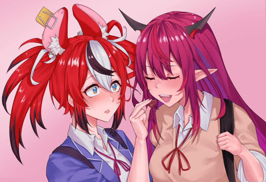 2girls animal_ears black_hair blue_eyes blush chocolate feeding hakos_baelz highres hololive hololive_english horns irys_(hololive) long_hair mouse_ears mouse_girl multicolored_hair multiple_girls open_mouth pink_background pointy_ears purple_hair ranox redhead school_uniform streaked_hair twintails very_long_hair virtual_youtuber white_hair