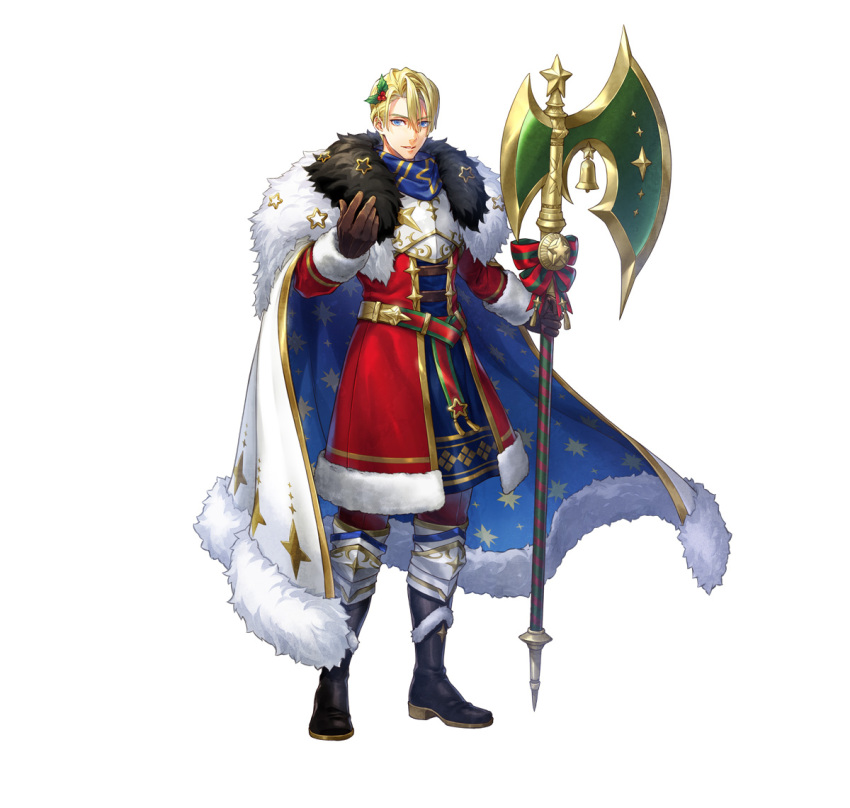 1boy bell black_footwear blonde_hair blue_cape blue_eyes brown_gloves cape dimitri_alexandre_blaiddyd dimitri_alexandre_blaiddyd_(blessed_protector) fire_emblem fire_emblem:_three_houses fire_emblem_heroes fur-trimmed_cape fur_trim gloves halberd looking_at_viewer male_focus mistletoe mistletoe_hair_ornament multicolored_cape multicolored_clothes official_alternate_costume official_art parted_bangs polearm smile solo weapon white_cape