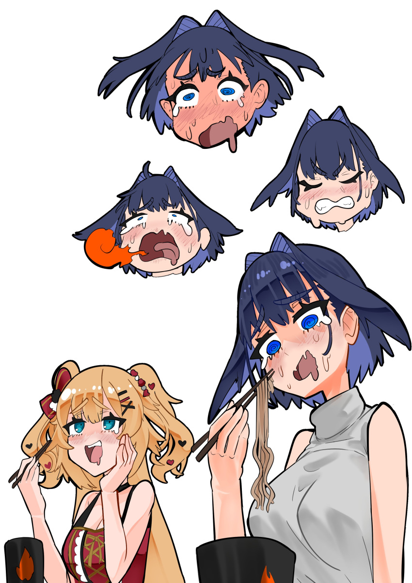 2girls @_@ absurdres akai_haato akai_haato_(5th_costume) black_hair blonde_hair blue_eyes blush bow breasts breathing_fire chopsticks clenched_teeth commentary dress english_commentary fire full-face_blush hair_bow hair_intakes hair_ornament hairclip hand_on_own_cheek hand_on_own_face heart heart_hair_ornament highres holding holding_chopsticks hololive hololive_english koizumi_arata long_hair medium_breasts multiple_girls multiple_views ouro_kronii ouro_kronii_(3rd_costume) ramen red_dress shirt short_hair simple_background sleeveless sleeveless_dress sleeveless_turtleneck spicy sweat tearing_up teeth turtleneck two_side_up very_long_hair very_sweaty virtual_youtuber white_background white_shirt