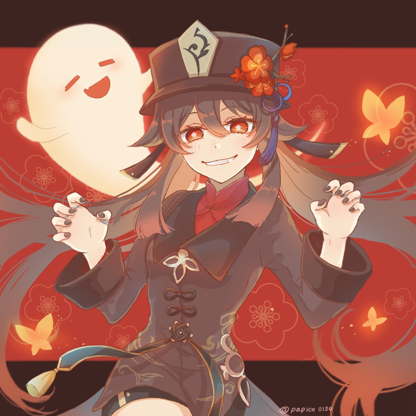 1girl black_border black_headwear black_nails black_shorts boo_tao_(genshin_impact) border brown_hair chinese_clothes coattails collared_coat flower flower-shaped_pupils genshin_impact ghost ghost_pose hat hat_flower hat_tassel highres hu_tao_(genshin_impact) open_mouth papico0154 plum_blossoms porkpie_hat red_background red_eyes shorts solo symbol-shaped_pupils tailcoat