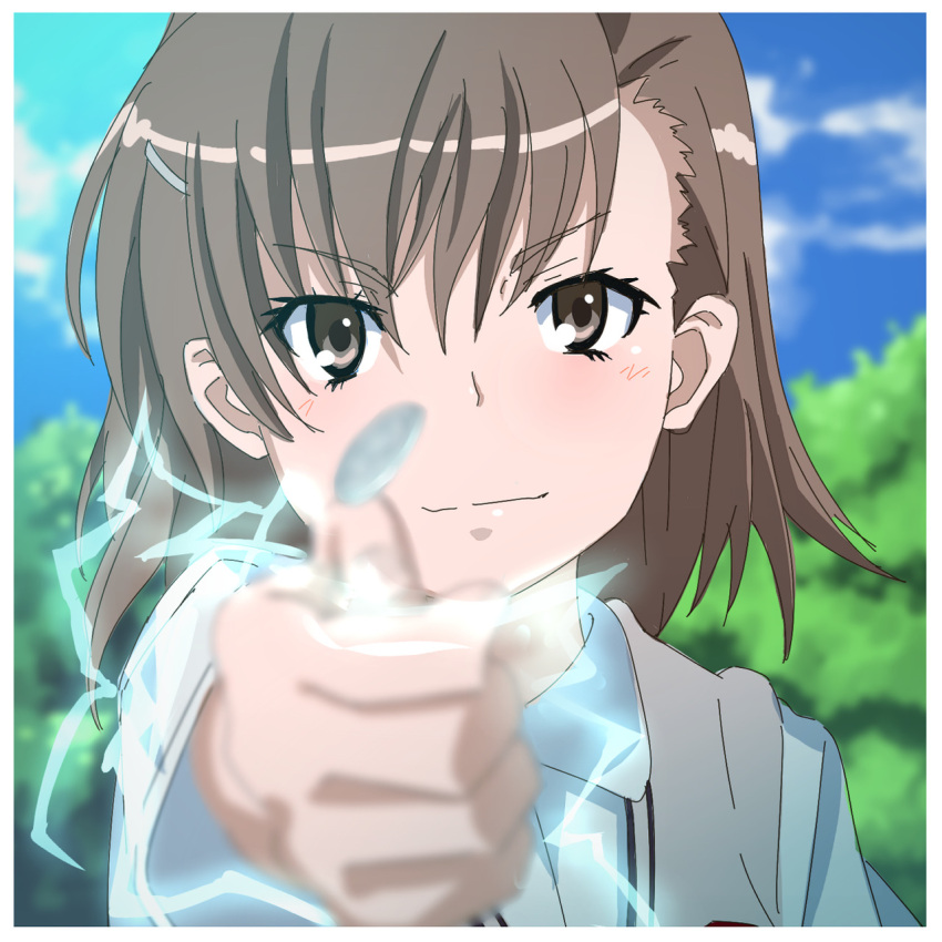 &gt;:) 1girl blue_sky blurry blurry_background blurry_foreground brown_eyes brown_hair closed_mouth clouds coin collared_shirt commentary_request day depth_of_field dress_shirt electricity hair_ornament hairclip highres kuro_kosyou looking_at_viewer misaka_mikoto outdoors shirt sky smile solo sweater_vest toaru_kagaku_no_railgun toaru_majutsu_no_index v-shaped_eyebrows white_shirt