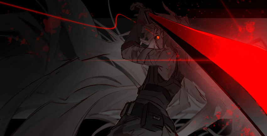 1girl belt black_gloves black_vest cowboy_shot gloves highres holding holding_sword holding_weapon ishmael_(project_moon) katana light_trail limbus_company long_hair looking_at_viewer pouch project_moon red_eyes shiqicheng solo sword vambraces very_long_hair vest weapon