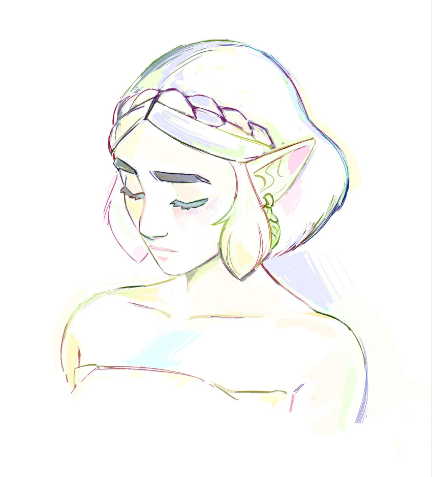 1girl bare_shoulders braid closed_eyes collarbone commentary earrings english_commentary highres jewelry limited_palette pointy_ears portrait princess_zelda solo the_legend_of_zelda the_legend_of_zelda:_tears_of_the_kingdom thereinart thick_eyebrows