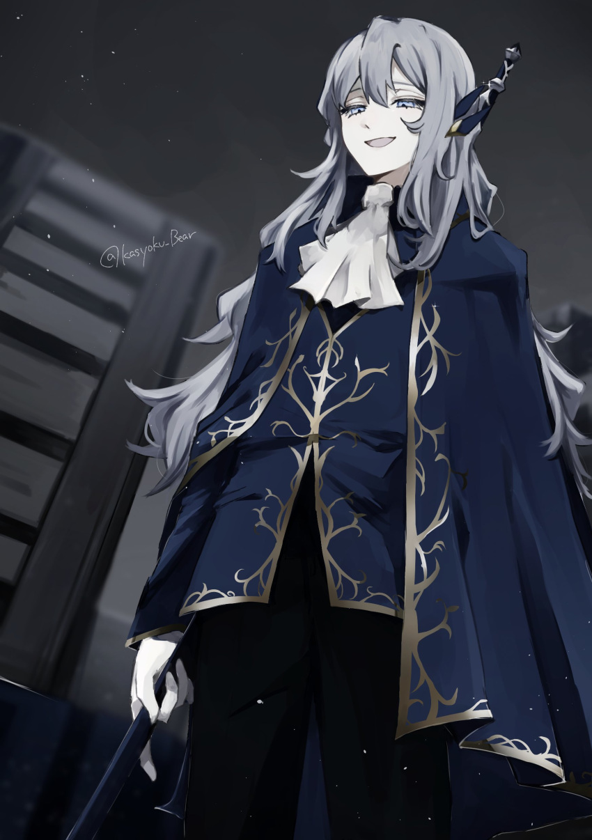 1boy absurdres argalia_(project_moon) ascot black_pants blue_cape blue_eyes blue_jacket cape from_below hair_ornament highres holding holding_weapon jacket kasyoku_bear library_of_ruina long_hair open_mouth pants project_moon sidelocks smile solo standing very_long_hair weapon white_ascot white_hair