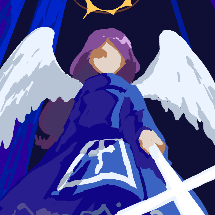 1girl blue_background blue_dress commentary_request cross dress faceless faceless_female flat_chest highres holding holding_cross kaigen_1025 long_hair long_sleeves matenshi_(touhou) purple_hair sketch solo touhou touhou_(pc-98) white_wings wings