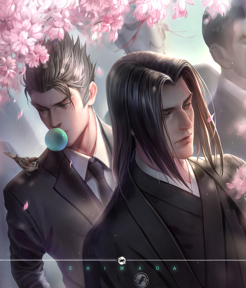 2boys artist_request bird black_hair bubble_blowing cherry_blossoms chewing_gum genji_(overwatch) hanzo_(overwatch) highres japanese_clothes long_hair looking_at_animal looking_to_the_side multiple_boys necktie overwatch short_hair sparrow suit young_genji young_hanzo