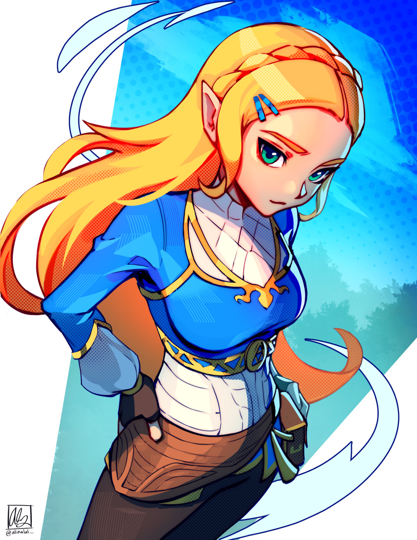 1girl absurdres alina_l artist_name black_gloves blonde_hair blue_background braid breasts closed_mouth commentary crown_braid fingerless_gloves gloves green_eyes hair_ornament hairpin hand_on_own_hip highres long_hair mixed-language_commentary pointy_ears princess_zelda signature solo standing the_legend_of_zelda the_legend_of_zelda:_breath_of_the_wild two-tone_background white_background